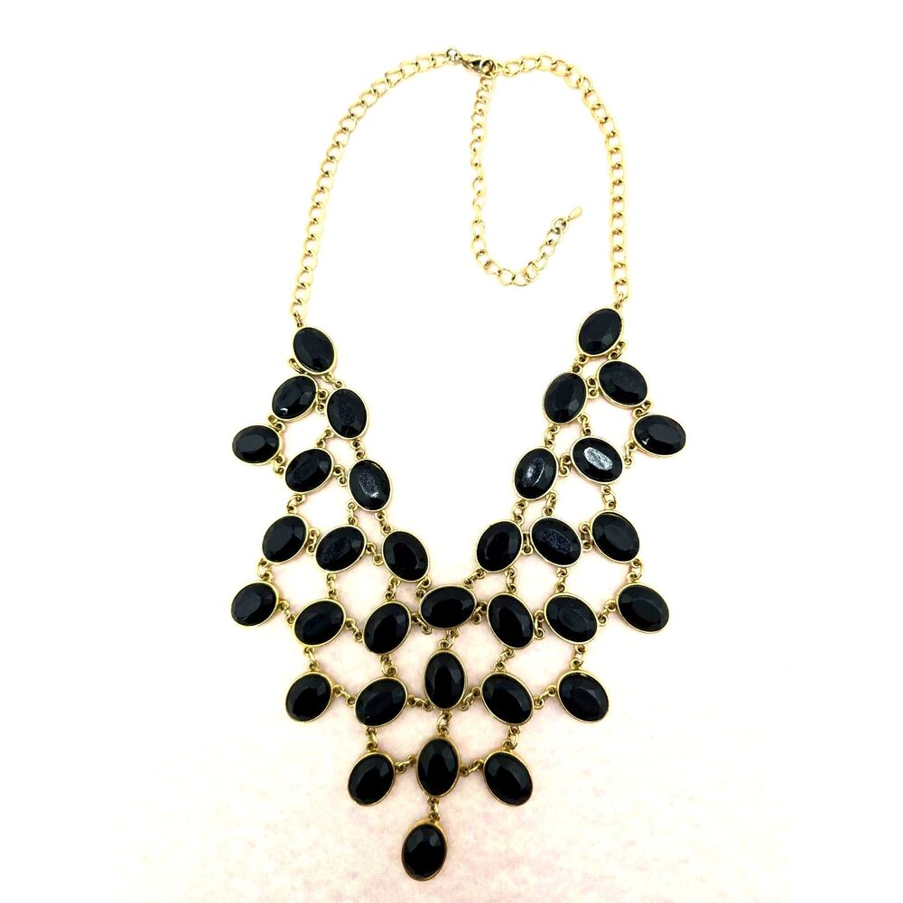 Black Geometric Cascading Bib Necklace Statement Tiered Cabochons Gold Tone 16"